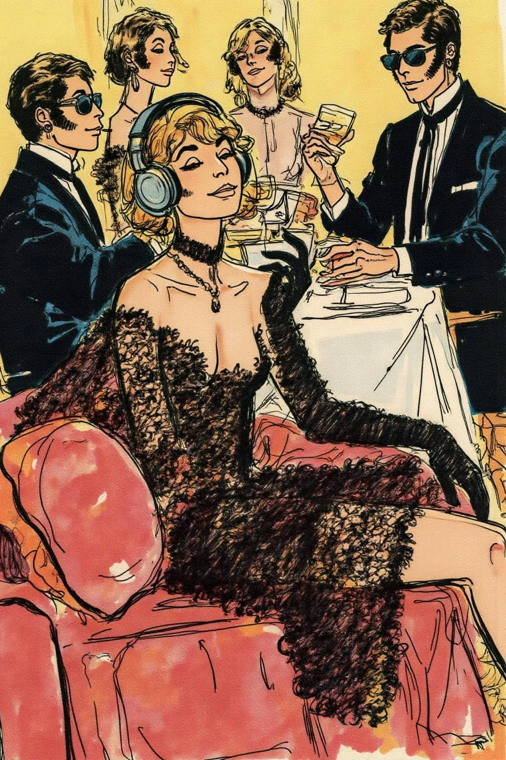 hugop1 illustration.
A stylish young woman in a lace dress, wearing oversized headphones, lounges on a plush velvet couch with an air of cool detachment. She dons sleek black gloves, embodying the effortless glamour of the era. In the background, a group of fashionable, well-dressed people in tailored suits and cocktail dresses sit around a table, enjoying drinks and conversation, all wearing sunglasses.
<lora:hugop1_cap_d6a3e12:1.0><lora:824402978292275908:0>