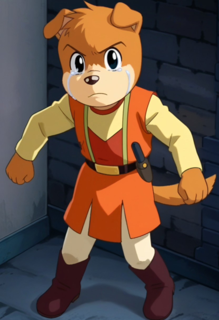 furry, solo, furry male, 1boy, male focus, body fur, dog, dog boy, looking at viewer, animal ears, dog ears, black eyes, animal nose, shirt, long sleeves, vest, belt, weapon, knife, boots, tail, dog tail, full body, crying, tears, high quality