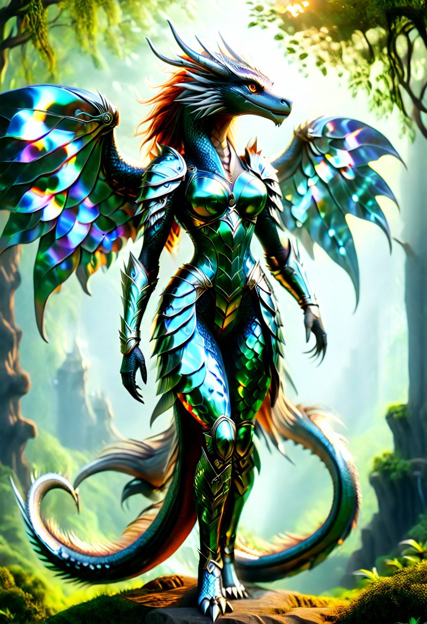 A breathtaking humanoid dragon warrior stands in a striking, battle-ready pose, her form covered in overlapping, iridescent CD-like scales that shimmer in silver, gold, and prismatic hues, reflecting light in mesmerizing patterns. Each scale is intricately layered, creating a mottled, armor-like texture reminiscent of a mythical creature fused with futuristic elements. Her fierce, piercing gaze and powerful stance exude confidence and dominance, embodying the essence of an unstoppable warrior.
The fantasy RPG-inspired setting places her in a lush, enchanted world—ancient, gnarled trees with glowing vines frame the scene while mist swirls around her feet, adding to the mystical atmosphere. The lighting is dramatic and cinematic, with strong highlights emphasizing the reflective quality of her CD armor, making it gleam like a warrior forged from light and sound. The ultra-realistic textures bring out the fine details—the faint scratches on the disks, the subtle prismatic refractions, the sharpness of her talon-like claws.
The overall composition is bold, vivid, and immersive, evoking a sense of wonder and power, capturing the spirit of an untamed yet elegant warrior who stands at the crossroads of technology and mythology.