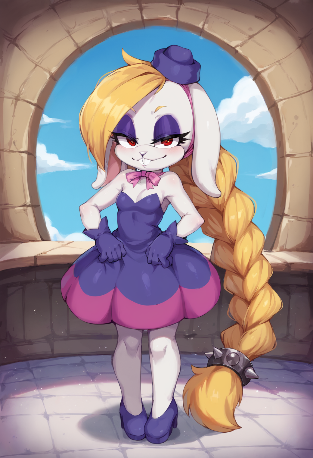 score_9,score_8_up,score_7_up BREAK high detail,good hands,perfect hands,<lora:Hariet_(Mario)_Pony>,1girl,solo,hariet \(mario\),defhariet,purple fascinator,braided ponytail,small breasts,seductive smile,looking at viewer,closed mouth,indoors
