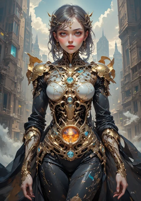 cyborg bride with visualization of all internal details. Gold, crystals, chrome, glitter, on the background of futuristic city.hyperdetailed, intricate , sharp, clear, HDR, high quality , HD, octane render, impressive, vibrant, Refined, perfect, best, contest winner.luxury, wonderful, superb, magical, mesmerizing, enchanting 
 <lora:DarksunRIDDV3:0.6> <lora:flux_hyperkraximalism-crazy:0.6> <lora:Midjourney_-_SemiReal_Dreams_FLUX_LoRA:0.6> <lora:CPA:0.6> <lora:BLUE_mk4_angel_FLUX_01:0.6> <lora:BioInk2FLUX:0.6>