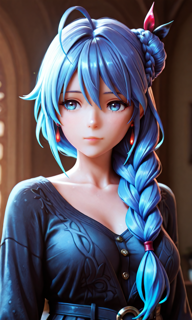 masterpiece, best quality, very aesthetic, absurdres, detailed, detailed background, BREAK, phoena/(cc/),1girl,solo,blue eyes,blue hair,long hair,bangs,hair ornament,hair ribbon,hair between eyes,braid,single braid,hair bun,single hair bun,hair over shoulder,ahoge,earrings,