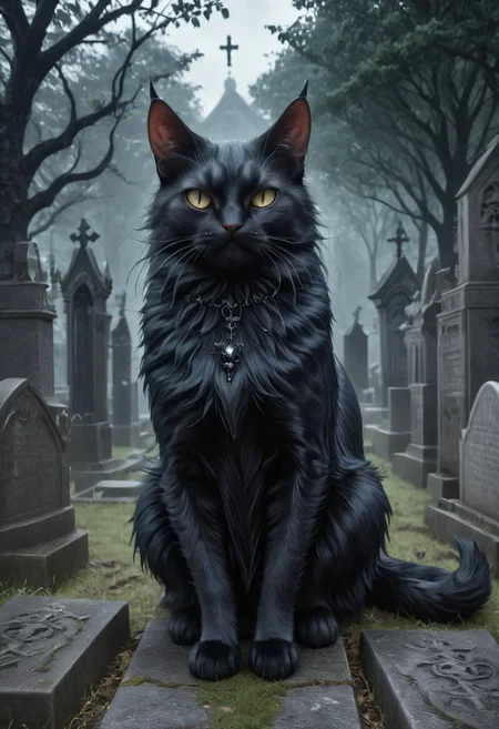 a gothic like demonic cat in a cemetery, dark fantasy art, horror theme, mobe-godeen <lora:GothicDetailEnhancerV1:1>,
