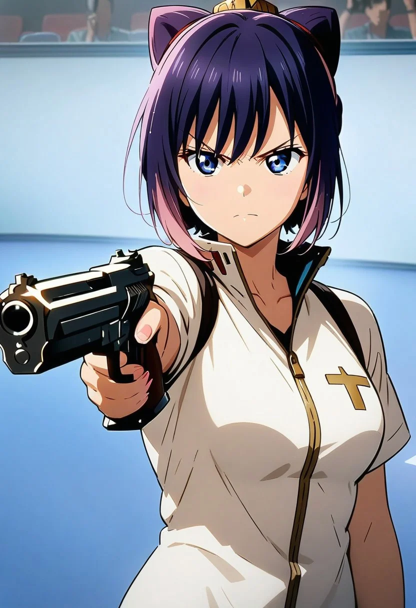 masterpiece, best quality, anime girl, Turkish Killer Pose, Look at the gun, Aiming,