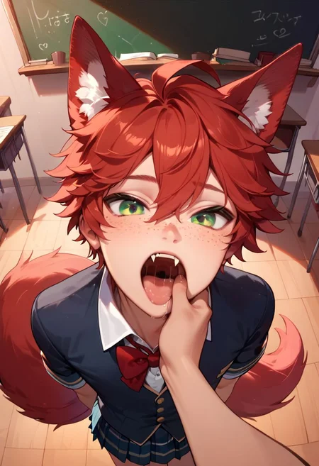 score_9,score_8_up,score_7_up, (1boy, anthro canine humanoid hybrid with red fur, freckles, petite, twink, canine ears, red tail, red hair, green eyes, fluffy, cute, adorable, petite, student, solo, classroom, wearing school uniform, stack of books, fang inspection, fiday, finger in another's mouth, parted lips, fangs, open mouth, saliva, standing, aroused look on face, aroused, lust, visible lust, detailed face, anatomically correct, masterpiece, from above, looking at viewer, negative_hand, Expressiveh, source_anthro, rating_suggestive