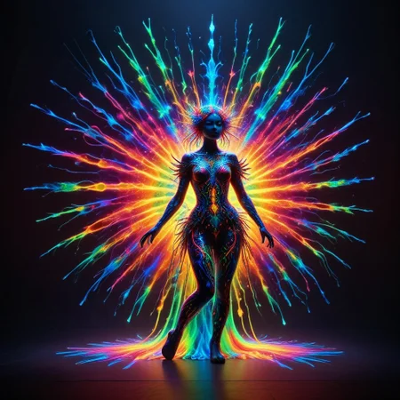 a full body fire entity with multicolored flames, professional photography of an fantastical warrior princess entirely made of cyberflies with whimsical elements, swirling magic, eerie fairytale landscape, elaborate fantasy style art, very colorful, intricate details, ultra sharp, exquisite detail, flawless composition, vivid colors, masterpiece, exciting background, TAS, TASvisuals, Psychedelic , Rave, Elaborate , Blacklight , Vibrant , cyberflies, black light paint, blp, Colorful Chaos Cracks and Drops, mad-glowtiedye, made out of,colorful,liquid,Murano Art Glass