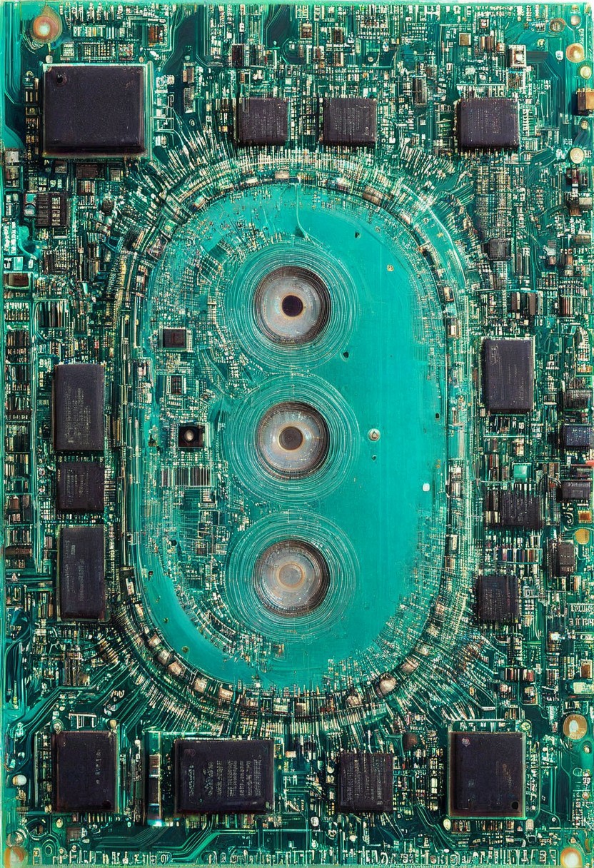 double exposure of opera diva Hatsune Miku with long floating aqua twintails singing high note merging  with a printed circuit board of Yamaha electronics circuitry chip processor motherboard, <lora:DoubleExposure:1>, (head:1.8), <lora:The Phantom of the Opera style:1.5> The Phantom of the Opera style, <lora:loraeyesxl:0.4>