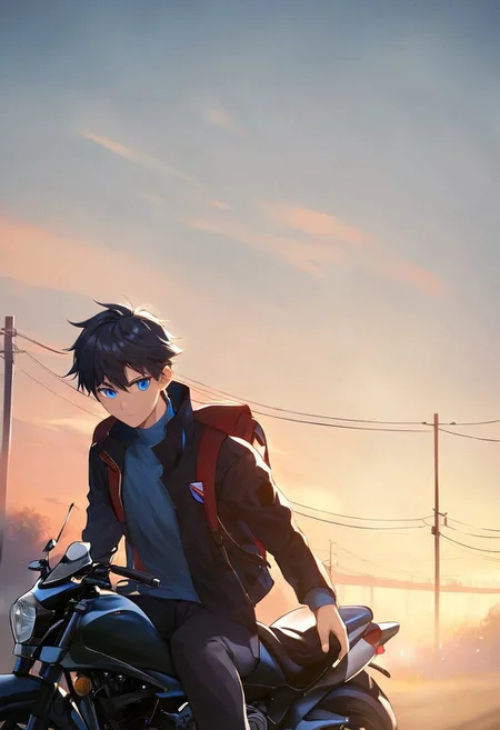 score_9, score_8_up, score_7_up, score_6_up, score_5_up, score_4_up, Gundam_00_Style, (Style: Gundam_00), source_anime, masterpiece, volumetric lighting, vibrant colors, perfectly detailed face and body and eye, 1boy, teenager, solo, black hair, long sidelocks, short hair, blue eyes, high resolution, black jacket, open jacket, school uniform, black trousers, backpack, motorcycle, detailed background, parking lot, cinematic, <lora:add-detail-xl:0.4>, perfect hand, (fantasy-style), (shoujo-style), manhwa-artstyle