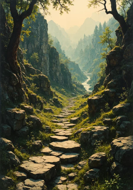 Sweeping aerial view of a rugged forested valley merging with rocky countryside; rich textures of moss-laden boulders and sun-warmed foliage; dramatic low-angle, intimate close-up revealing delicate dewdrops on ancient oak bark; crisp 8K quality, masterpiece, intricate detailing; vibrant emerald and amber tones, soft natural gradients, and dynamic tracking perspective capturing undulating terrain; atmospheric interplay of dappled sunlight and gentle shadows over wild grasses and time-worn stone; sublime natural composition, emphatic realism, organic spatial balance, and tactile sensory depth. <lora:Mezzotint_Artstyle_for_Flux_-_by_Ethanar:0.6> <lora:ArtNouveau2Flux:0.6> <lora:dreadmirth-art-style:0.3> <lora:flux_dev:1>