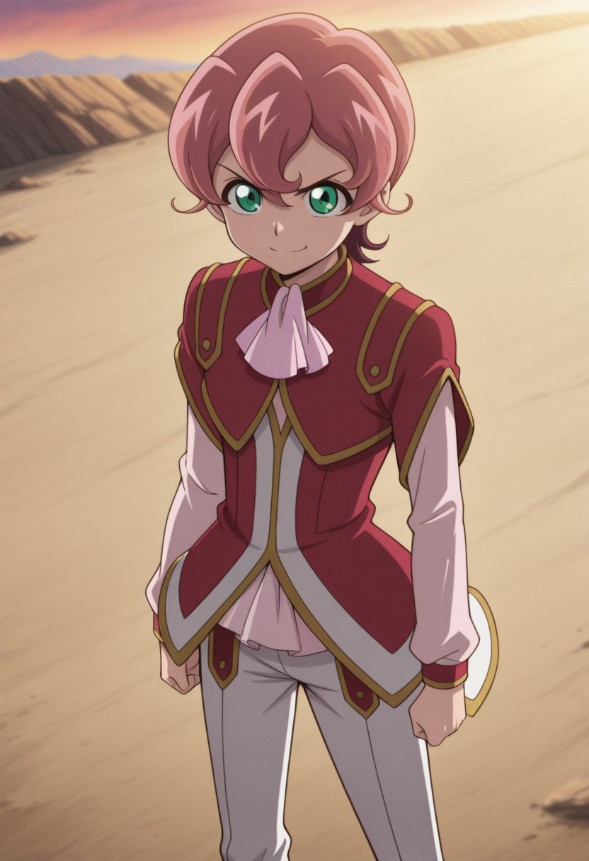 masterpiece,best quality,amazing quality, source_anime, 
MichArclight, 1boy, male focus, solo, green eyes, pink hair, ascot, pink ascot, shirt, pink shirt, jacket, red jacket, short over long sleeves, pants, white pants, outdoor, smile, determined,