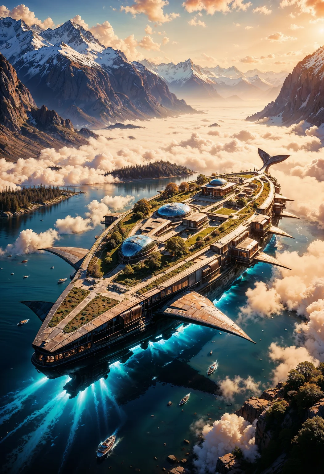 A breathtaking 8K ultra-realistic wide-angle cinematic render of a futuristic whale-shaped floating city near the majestic fjords of Norway, with its smooth, architectural body gliding across deep blue waters. The city's back is lined with solar garden rooftops, transparent dome-shaped greenhouses, and AI-managed sky gardens. Fins extend outward as hydro-electric collectors, subtly glowing with embedded neon lines. The massive whale tail hosts luxurious floating eco-resorts, connected by skybridges and glass tunnels. Underwater, bioluminescent marine labs glow softly, visible through crystal-clear water. Aurora Borealis dances across the sky above, reflected in the water below. Soft mist swirls around the city, with flying drones and aquatic taxis gliding through. Designed for a Tier 1 futuristic lifestyle, this eco-utopia blends nature, AI, and luxury in perfect harmony. Golden hour light spills across the scene, creating a cinematic atmosphere full of awe and wonder.
— ultra-realistic, cinematic lighting, 8K detail, Hollywood sci-fi concept art, natural human-like features.