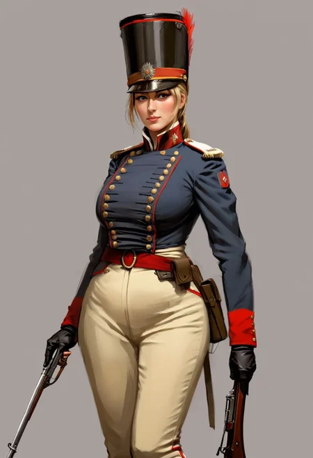 (Conceptual Art in jrst artstyle:1.2) about a female
Napoleonic French soldier, concept art; busty, large breasts, slender