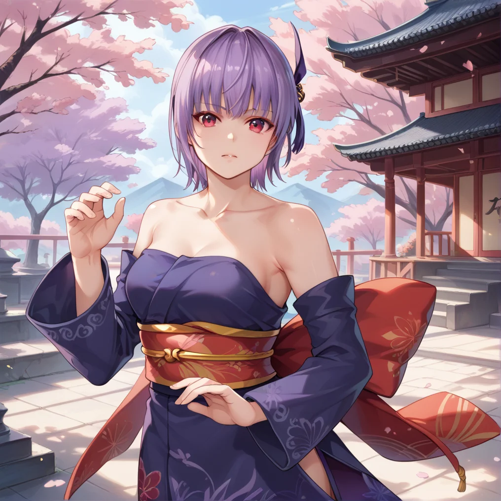 score_9, score_8_up, score_7_up, masterpiece, high quality, , ultra detail, ultra quality, 8k,
<lora:ayanev2:1.2>ayane, red eye, purple hair, short hair, headbandayaneclassic, detached sleeves, japanese clothes, purple thighhighs, miniskirt, in japanese garden, day,, hand on collarbone, placing a hand on the collarbone, creating a captivating and alluring pose