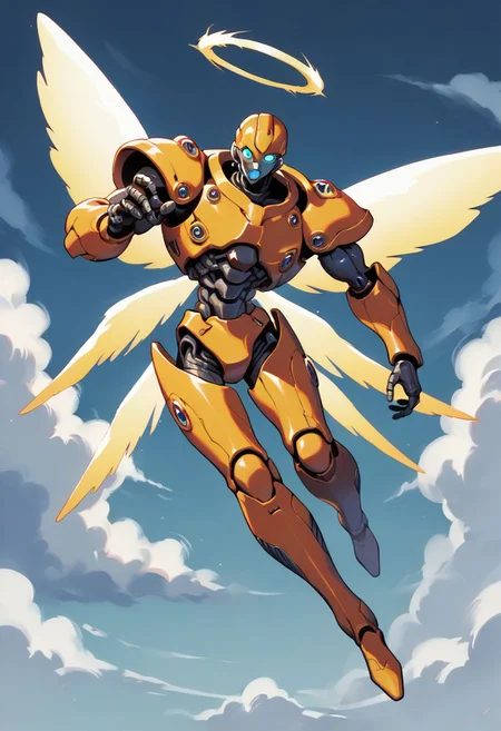 score_9, score_8_up, score_7_up,score_6_up, score_5_up, score_4_up,source_anime,retro artstyle,halftone effect,epic,intricate linework,solo,no humans,a biomechanical golden armored angel with energy wings and a mechanical halo and a robotic head and tubes and mechanical joints and glowing blue eyes holding a lance and flying in the sky,sky,flying,clouds,full body,1boy,creature