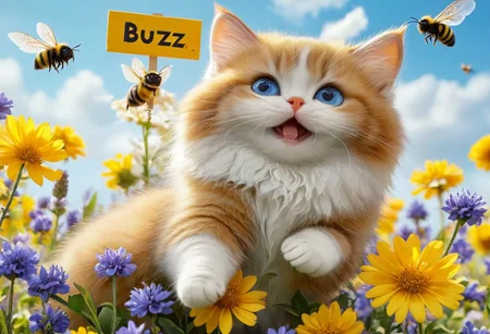photorealistic close up image
flying kitten with bee wings, flying cat, cat bee hybrid, bumble bee fur, kitten has bumble bee fur, (bee wings), blue eyes, ((Holding a sign that says "Buzz Buzz")), kitten is flying over a flower field with vibrant colors
1cat
highly detailed, aesthetic, great lighting, extremely detailed, award winning, perfect composition, a rich and complex image of nature, a vibrant tissue of hues and textures captured digitally, best quality, realistic, captivating, intricately detailed, hyper detailed, maximalist style, photorealist, sharp focus, dynamic lighting, superb composition, finest details, highest aesthetics, best quality, sharp focus, high contrast, stylized, clear, colorful, ultra quality, 8k, best quality, masterpiece,midjourneyv6.1
AP, no humans, animal focus, cat ,looking at viewer, animal,whiskers