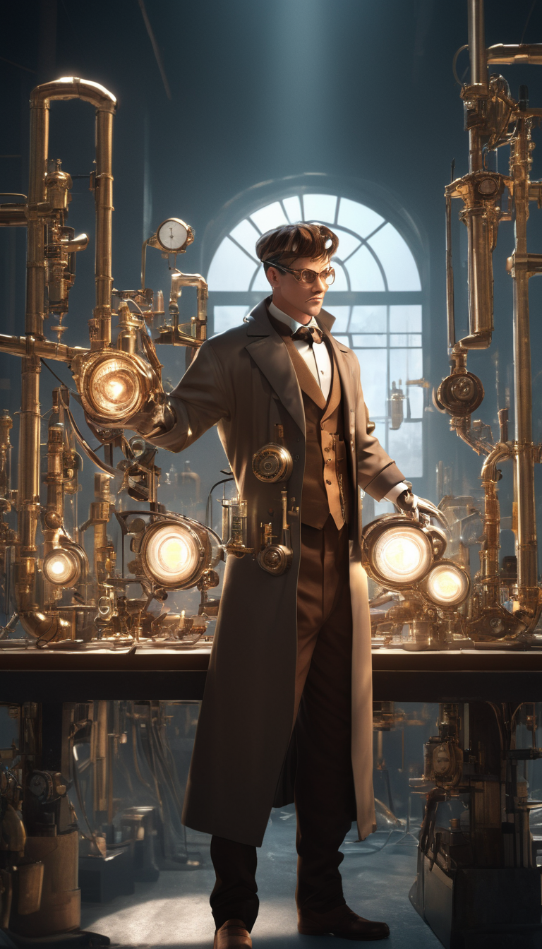 Cinematic scene, hero view, a steampunk scientist experimenting with advanced technology in a lab, action pose, detailed background, masterpiece, best quality, high quality, absurdres, steampunk <lora:steampunk_xl_v1:1>