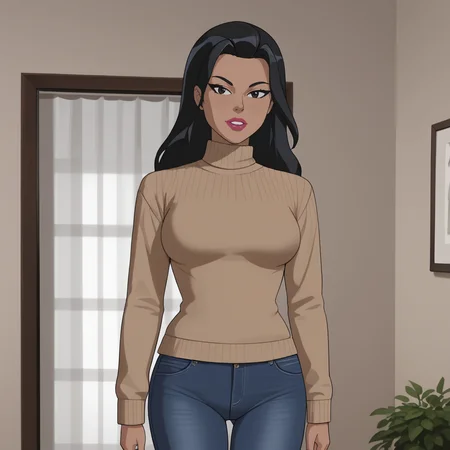 <lora:huntressdcau_pony_v1:.7> HuntressDcau, 1girl, dark-skinned female, lipstick, dark skin, black hair, makeup,  long hair, , lips, perfect eyes, cowboy shot, sweater, jeans