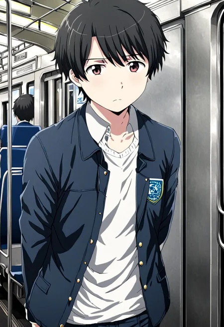 high resolution, solo, best quality, 1Boy, Inaho Kaizuka, Black Hair, train, inside train, OverallDetail
