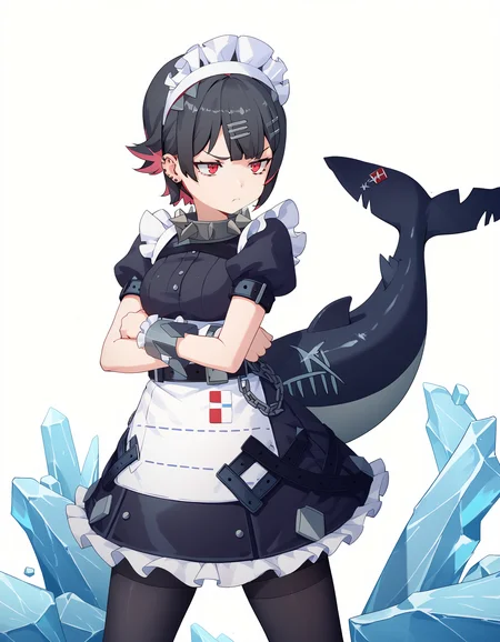 score_9, score_8_up, score_7_up, <lora:waterkuma_Artist_Style_PonyXL:0.8> <lora:zzz-pack-v6-ponyxl-000031:0.85:lbw=0,0,0,0,0,0,1,1,0,0,0,0> ellen, black hair, ear piercing, hairclip, spiked collar, maid headdress, black dress, puffy short sleeves, maid apron, wrist cuffs, pantyhose, shark tail
1girl, solo, annoyed, bored, intense, ice, weapon, battle