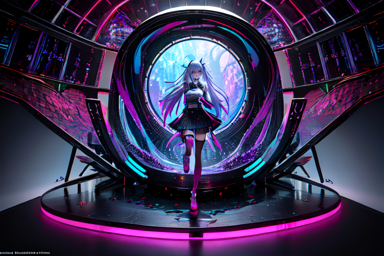 highly insanely detailed, masterpiece, top quality, best quality, highres, 4k, 8k, RAW photo, (very aesthetic, beautiful and aesthetic),  
(rsef style,fevercell style),abstract_background,futuristic_landscape,holographic_effects,mystical_vibes,psychedelic_art,glitch_effects,neon_lighting,dynamic_composition,chromatic_aberration,high_contrast,gradient_blend,science_fantasy,cybernetic_elements,vivid_colors,motion_blur,digital_aesthetics, 
<lora:rsef-000225:0>, 
(1girl:1.3), 
1other, 
, 
, 
, 
, 
indoors,interior,traditional_japanese_interior,tatami,japanese writing,calligraphy,aquatic_habitat,black background, 
,âââ