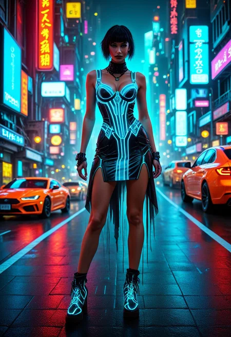An epic photo of an avant-garde cyberpunk fashion model wearing a stylish dress, bioluminescent cityscape, neon color, masterpiece, best quality, highly detailed, sharp focus, dynamic lighting, flux-style,