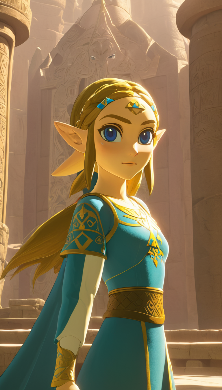 Cinematic scene, close-up, Princess Zelda <lora:zelda_v0.0.1:0.5>, temple, detailed background, masterpiece, best quality, high quality, absurdres