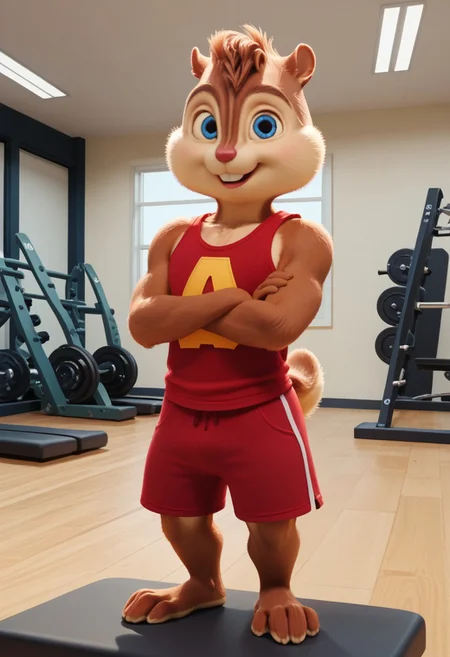 Score_9, score_8_up, score_7_up, source_furry, Alvin Seville, chipmunk, chipmunk male, furry male, furry, 3d, render, movie screencap, blue eyes, muscular body, muscles arms, muscular legs and thighs, red tank top, gym shorts, barefoot, gym, machines, smiling, crossed arms, looking at viewer, <lora:Alvin _Seville __Alvin_and_the_Chipmunks__CG_Movie_version:0.8>