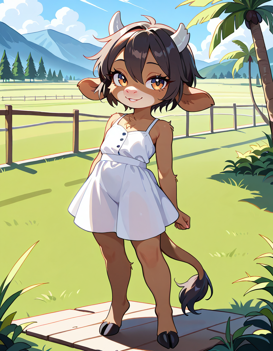 masterpiece, best quality, very aesthetic, absurdres,
outdoors, dressed,
standing, posing, 
full body, seductive smile, parted lips, long eyelashes,
<lora:Manitka_Storm_v01_NAIXL:1>
Man1tkaStorm,1gilr,solo,furry,furry female,cow girl,cow ears,cow horns,short hair,black hair,hair between eyes,brown hair,body fur,brown fur,cow tail,hooves,