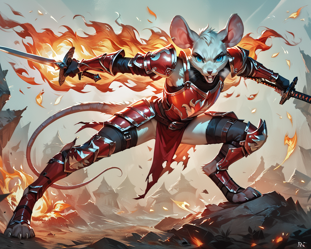 <lora:Concept Art 2 Style LoRA_Pony XL v6:0.7>,
<lora:blade-000013:0.7>,
score_9_up, score_8_up, score_7_up, score_6_up, furry_source,
very detailed, concept art, realistic,
a ((tiny)) (brave) (anthro mouse male knight) in armor with a ((sword)) defends himself from a huge fire-breathing dragon, mouse tail, white fur, (beam of fire:1.2), (fire on background), dynamic background,
fighting pose, from above, (zoom out),
<lora:add-detail-xl:0.5>,
