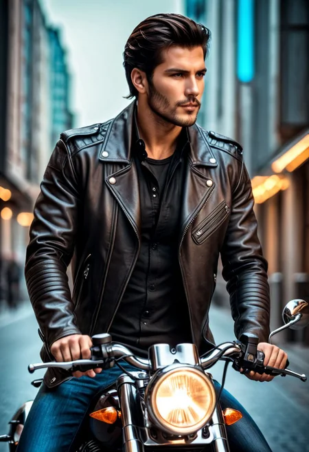 RAW photo, (a handsome and masculine man on a motorcycle, Cyberpunk city background), vibrant, stunningly beautiful, crisp, detailed, high contrast, cinematic, ultra detailed, intricate, professional, (high quality:1.4), (intricate, high detail:1.2), professional photography, HDR, High Dynamic Range, realistic, ultra realistic, photorealistic, high resolution, film photography, ambient lighting, UHD, wearing black leather biker jacket, jeans, dark Hair, brown eyes,