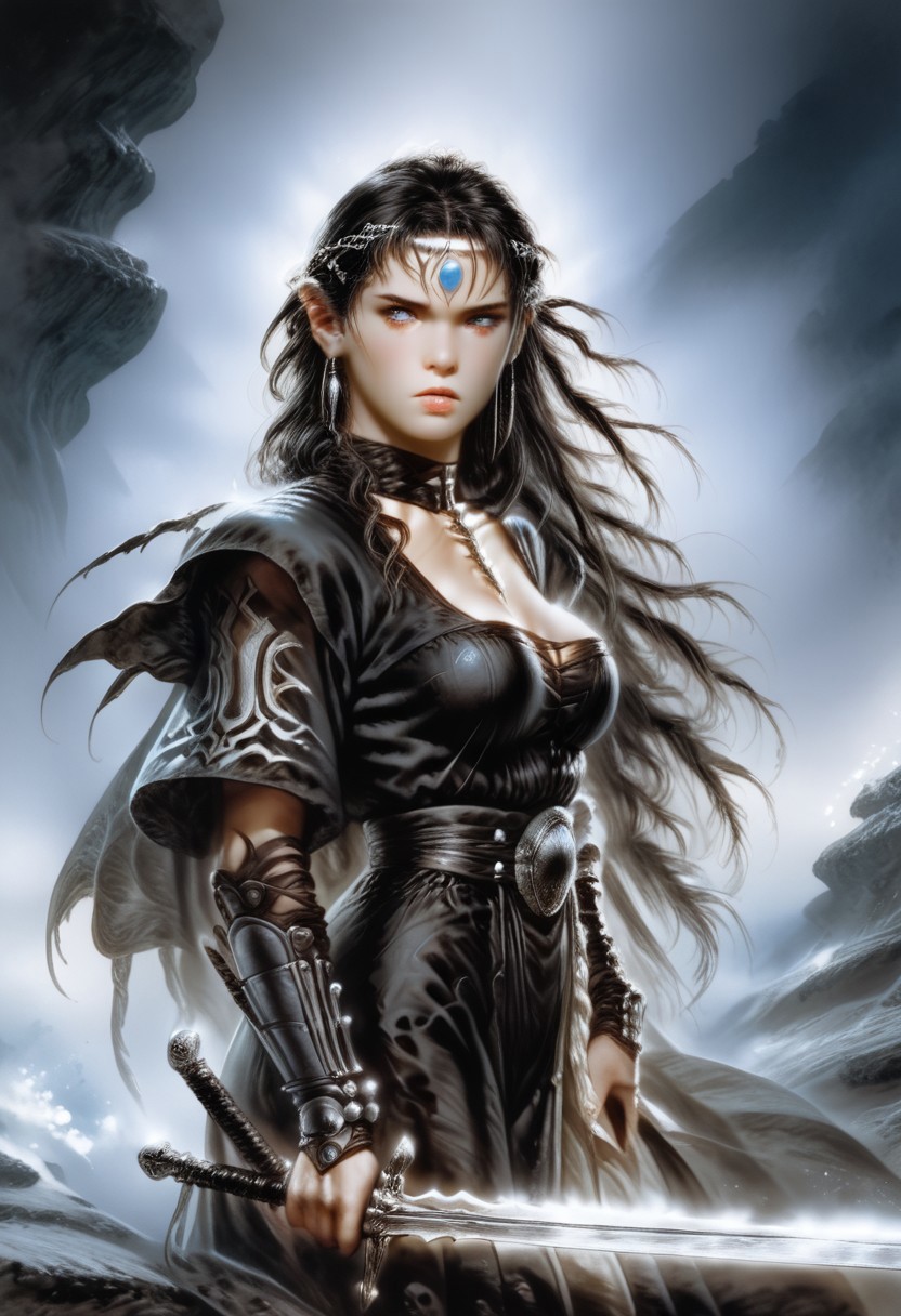 score_9, score_8_up, score_7_up, rating_safe, realistic, 1girl, solo. 
Gorgeous fantasy heroic female, long hair, big breast. 
Hold sword, Knee with a sword, short sword, Sword_Up.