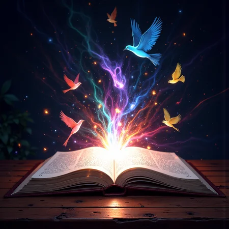 There is an open book on the table. A colorful magical light shines of the center of the book. Birds fly out of the center of the book in different directions.
<lora:FluxMythP0rtr4itStyle:1> mythp0rt.