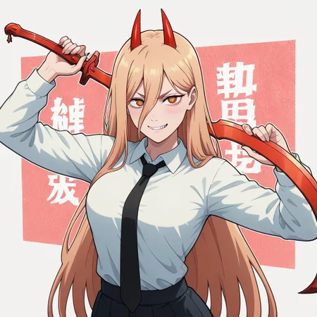 masterpiece, best quality, newest, absurdres, highres, anime, anime style, holding sword, holding weapon, holding, KHV1.0, khopesh, sword, weapon, 1girl, power \(chainsaw_man\), demon horns, long hair, blonde hair, very long hair, red horns, black necktie, horns, cross-shaped pupils, shirt,