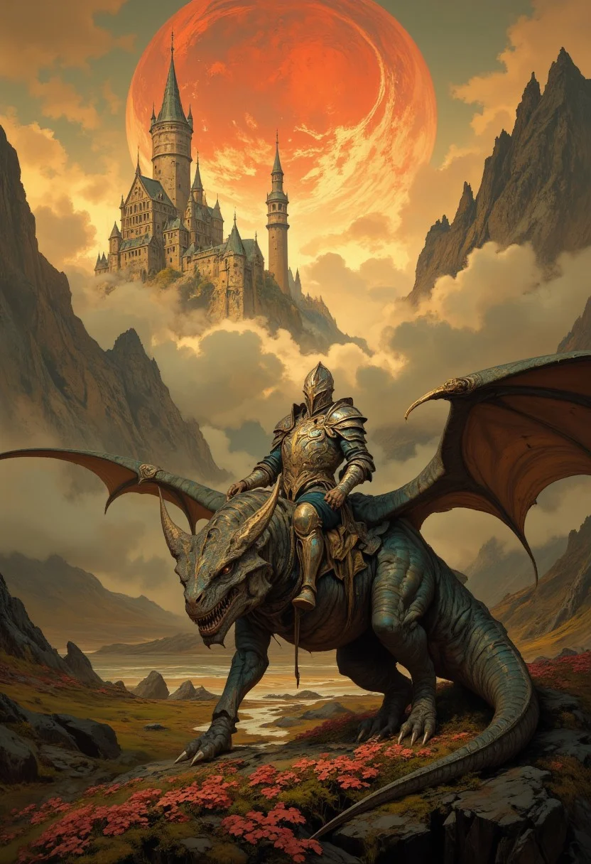 8k high quality digital painting , masterpiece, very detailed, ultra realistic, (best quality) very detailed epic masterpiece,
unearthly beautiful, a breathtakingly beautiful landscape in the French Alps, in the foreground a shiny knight riding on a black dinosaur-like dragon watches a beautiful castle in the distance, the low yellow-red sun casts long shadows, enchanting landscape, fairytale-like, calm mood, flowers in the foreground, realistic