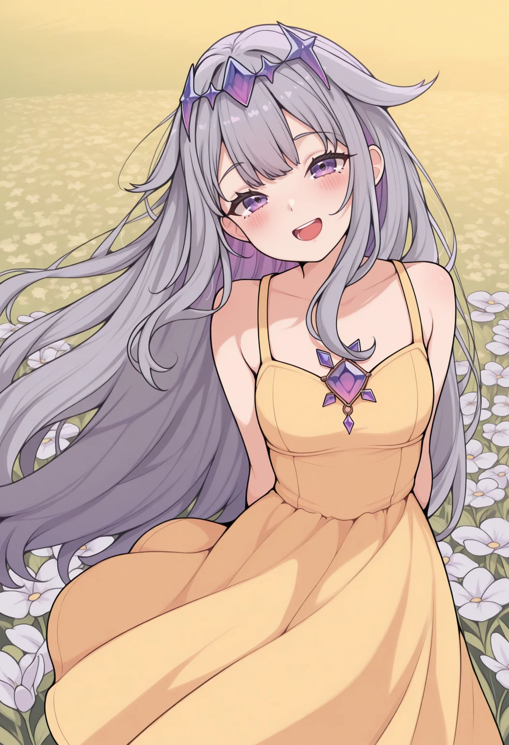 masterpiece, best quality, 1girl, solo, K0sekiB1jou, purple eyes, multicolored hair, grey hair, purple hair, long hair, hair flaps, floating headpiece, lineart, yellow sundress, arms behind back, outdoors, wind, windy, flower field, looking at viewer, head tilt, smile, :d, blush, from above, <lora:ChamKosekiBijouIllustriousXL:1>
