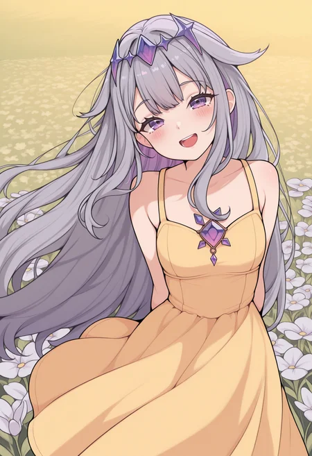 masterpiece, best quality, 1girl, solo, K0sekiB1jou, purple eyes, multicolored hair, grey hair, purple hair, long hair, hair flaps, floating headpiece, lineart, yellow sundress, arms behind back, outdoors, wind, windy, flower field, looking at viewer, head tilt, smile, :d, blush, from above, <lora:ChamKosekiBijouIllustriousXL:1>