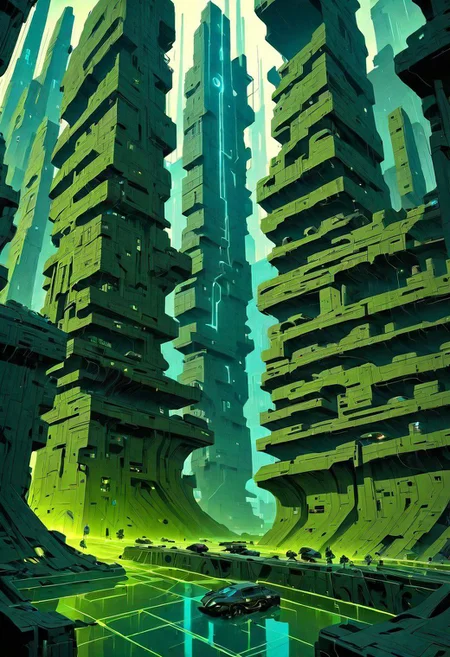 (Screen print:1.3) cinematic aerial view of a sprawling metro-plex city. focused on busy canal leading to the shattered stone circle in the middle of the city. dynamic camera, dark scifi, ((masterpiece,best quality)), ((electricity)), green glow, amber theme:1.3 cyberpunk, neo-aztec, great lighting, hard shadows vertical, great lighting, shadowrun_character, shadowrun_dungeon, shadowrun_surface, shadowrun_dungeon_party, shadowrun_party, cyberpunk, netrunner, enforcer, shaman, oni, courier, neo-aztec, high-tech lowlife, masculine, feminine