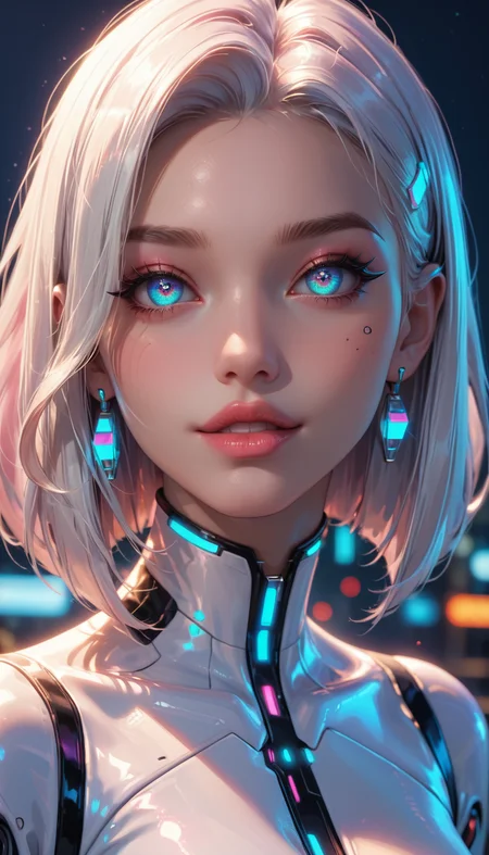 score_9, score_8_up, score_7_up, Portrait, cute android girl, white android, glossy white, seductive, innocent, light smile:0.3, plump lips, slender body, luminous neon white hair, TRON movie, luminous, visible hi-tech parts, avantgarde, futuristic, cinematic lighting, night, 4n1v3rs3, depth of field, dynamic angle, fashion photography, sharp, hyperdetailed:1.15