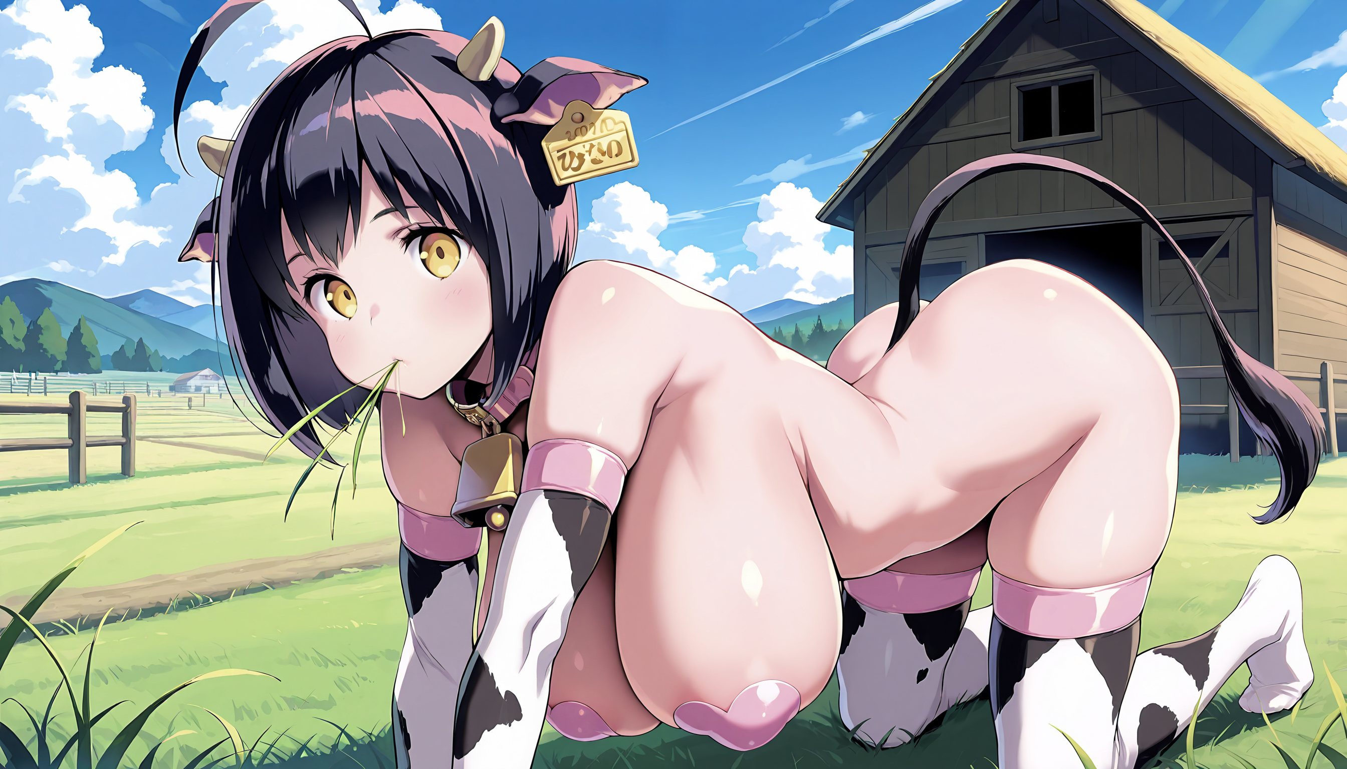 ((ultra-detailed)), ((best quality)), ((beautiful eyes)), ((extremely detailed)), 4K, (8K), best quality, (beautiful), Master piece, highres, best quality, official art, highres, masterpiece, newest,1girl, hinako, pink skin, solo, huge breasts, BREAK elbow gloves, thighhighs, animal print, cow print, ear tag, neck bell, collar, cowbell, heart pasties, covered nipples, BREAK outdoors, farm, on fours, grass, clouds, scenery, detailed background, eating grass, grass on mouth,,