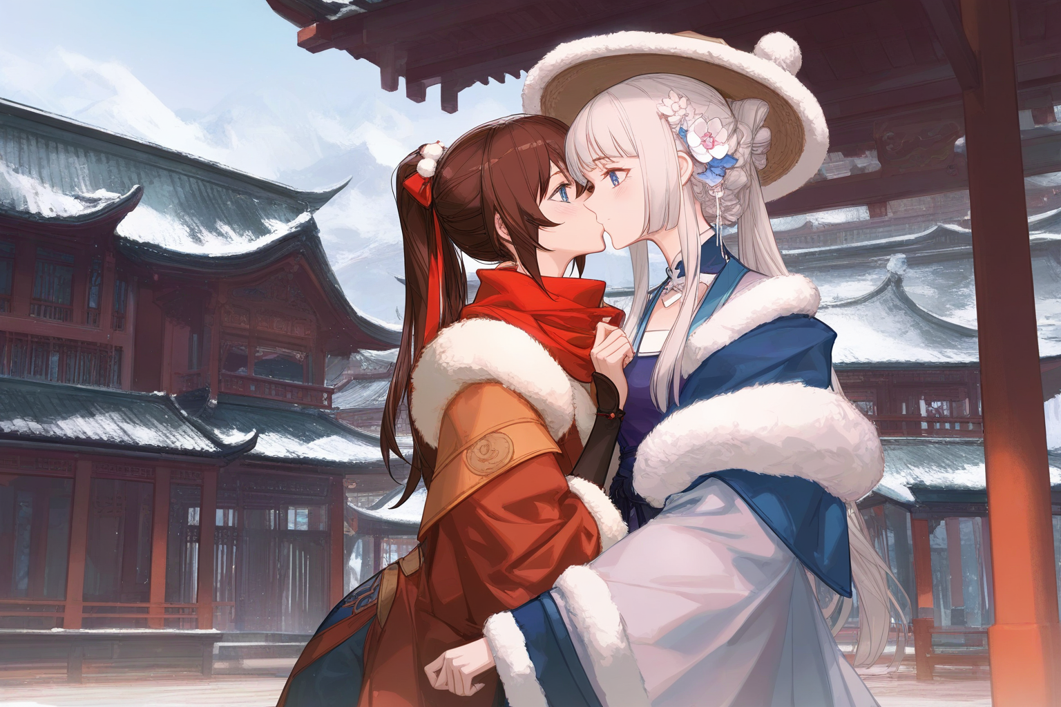 artist:ask_(askzy),artist:yolanda,[artist:WANKE],artist:ciloranko,multicolored,<lora:fenglingyuxiu-000018:0.6>, -fenglingyuxiu, multiple girls, yuri, hair ornament, brown hair, blue eyes, kiss, 2girls, braid, east asian architecture, hair flower, long hair, grey hair, hat, red scarf, flower, fur trim, scarf, looking at another, sidelocks, architecture, white hair, blush, ponytail