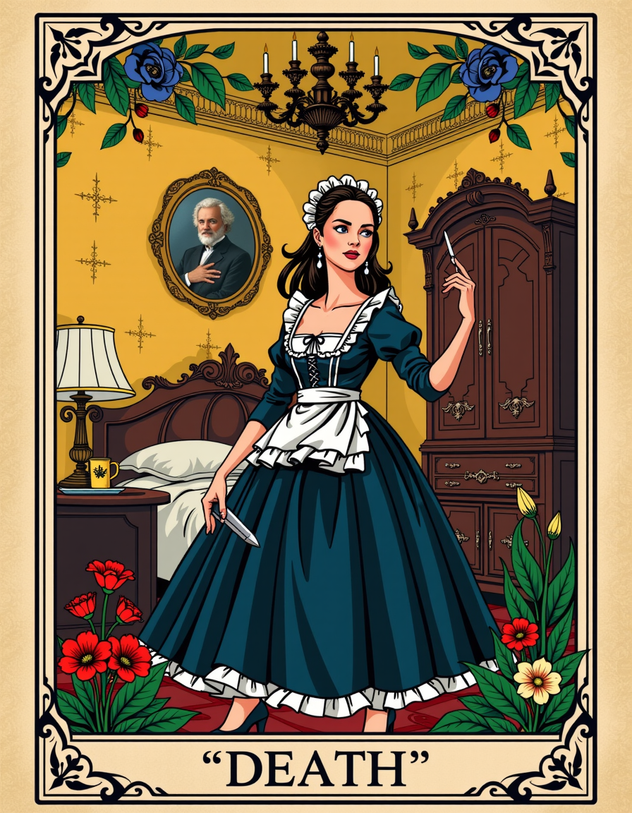 <lora:ck-tarot-000015:1> a tarot card in the style of ck-tc featuring a [FRENCH MAID] [BEDROOM]. with the name of the card underneath saying "[DEATH]"