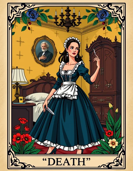 <lora:ck-tarot-000015:1> a tarot card in the style of ck-tc featuring a [FRENCH MAID] [BEDROOM]. with the name of the card underneath saying "[DEATH]"