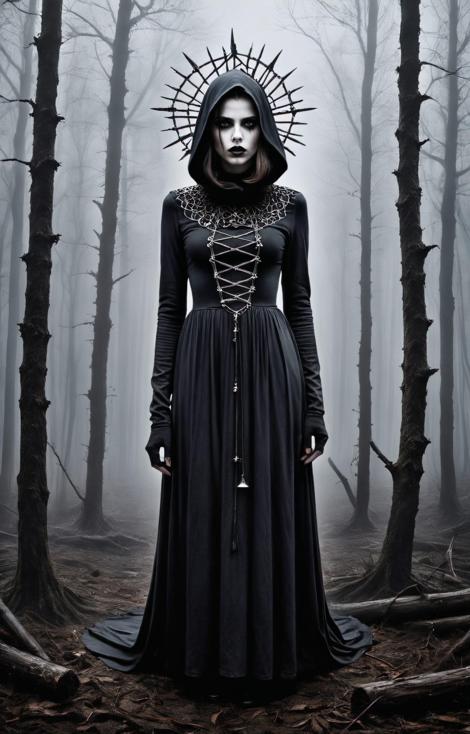 Horror-themed create an award-winning photograph of a young woman exploring an original and unconventional theme that captivates and amazes the viewer.  Push boundaries of traditional concepts,infusing the image with creativity and wonder,leaving a lasting impression on those who behold it.,absurdres,intricately detailed,32K, . Eerie, unsettling, dark, spooky, suspenseful, grim, highly detailed