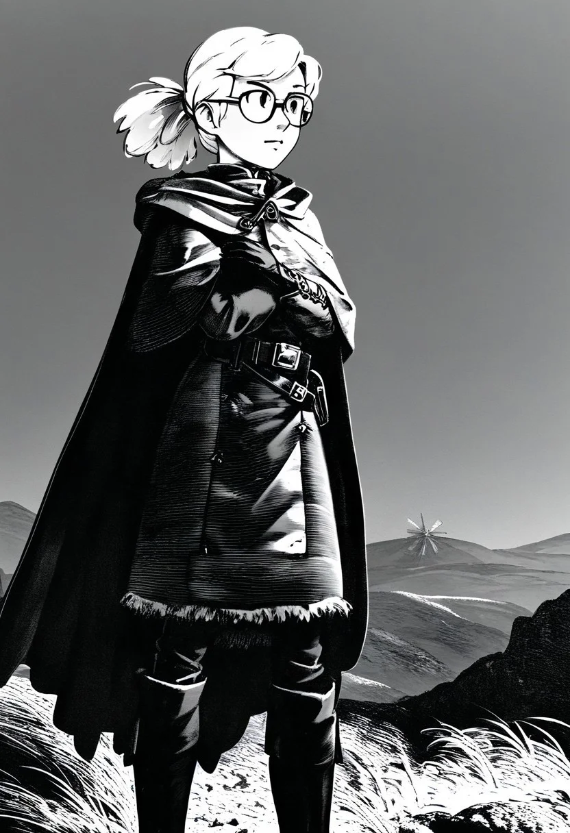 "0":"d00r0n, (monochrome:2), windmill, hilly landscape, bright sun, clear sky",
score_9, score_8_up, score_7_up, score_6_up,
(1girl:2), solo, standing, <lora:banpaiakiraXL_P6_lokr_V4236:0.6> Davidsm,David's mom is standing next to windmill, highly detailed face, ( glasses, tied pigtail,Cape,Fitted jacket, black gloves, belt, boots :1.8), 1girl, white hair, (Cape,Fitted jacket, black gloves, belt, boots:1.2),
<lora:loraeyesxl:0.4>
