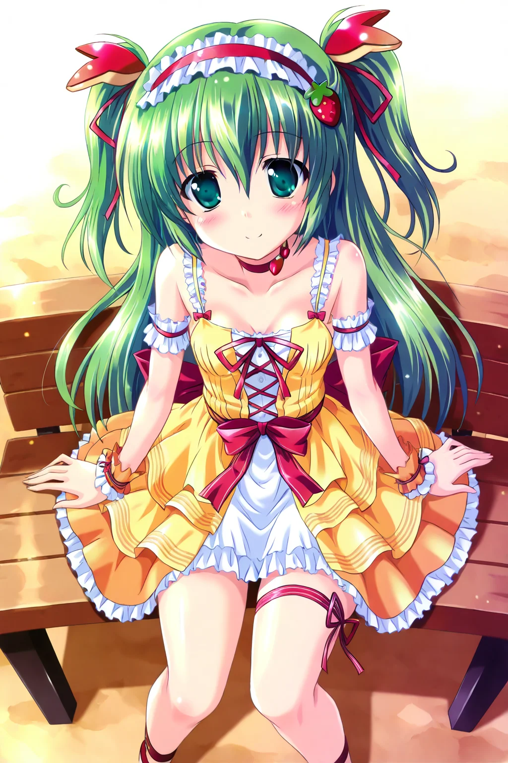 <lora:komatsu eiji IL:0.7>,dress,skirt,from_above,liptan,green hair,two side up,hairband,blue eyes,small breasts,ribbon,green eyes,hairband,hair ornament,leg ribbon,choker,strawberry hair ornament,thigh ribbon,, 1girl,masterpiece,best quality,amazing quality,very aesthetic,absurdres,newest,8K,prefect face, uncensored,