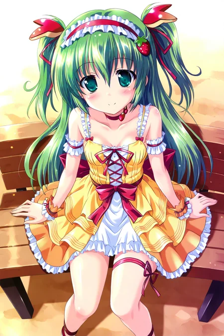 <lora:komatsu eiji IL:0.7>,dress,skirt,from_above,liptan,green hair,two side up,hairband,blue eyes,small breasts,ribbon,green eyes,hairband,hair ornament,leg ribbon,choker,strawberry hair ornament,thigh ribbon,, 1girl,masterpiece,best quality,amazing quality,very aesthetic,absurdres,newest,8K,prefect face, uncensored,