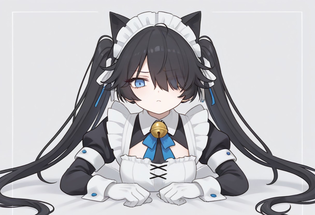 (Maid-kasli), solo, white gloves, dress, hair over one eye, maid apron, blue eyes, twintails, cat ears, maid headdress, maid, gloves, 1girl, apron, juliet sleeves, long sleeves, long hair, black hair, animal ears, bell,(Fall down),