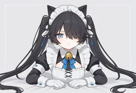 (Maid-kasli), solo, white gloves, dress, hair over one eye, maid apron, blue eyes, twintails, cat ears, maid headdress, maid, gloves, 1girl, apron, juliet sleeves, long sleeves, long hair, black hair, animal ears, bell,(Fall down),