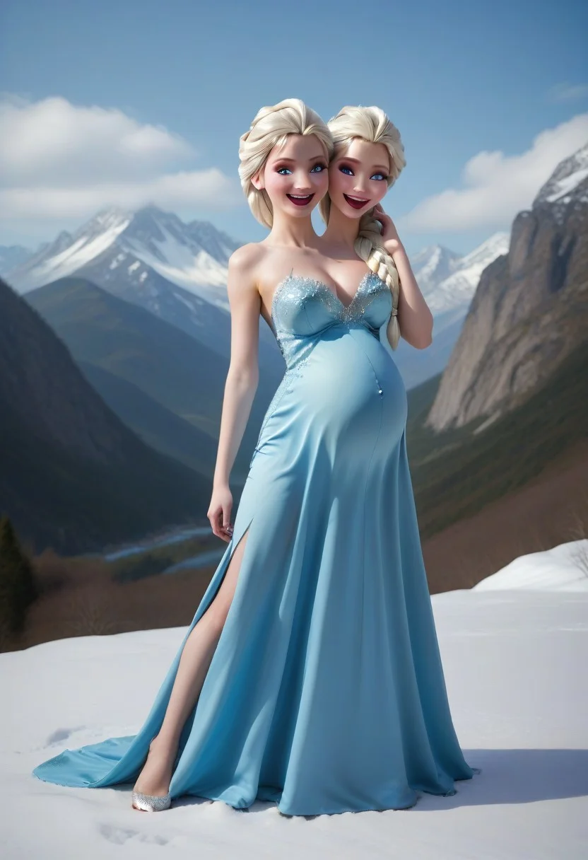 score_9, score_8_up, score_7_up, score_6_up, score_5_up,
photograph, profile view, full body, looking at viewer, perfect face, perfect body, flawless face, conjoined, 2 heads, 2-headed, big breasts, perky breasts, pregnant, pregnant belly,
(photo of Elsa), light makeup, eye shadow, big eyes, 22-years-old, blonde hair, hair in braid, blue eyes, tight light blue evening gown with snowflakes on it, light blue heals, fit body, 1girl, smiling, 1girl, singing, sexy pose, masterpiece,
BREAK: ice palace in background, snow and ice on the top of a mountain, cinematic lighting, volumetric lighting,