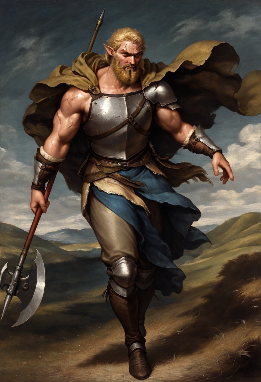 masterpiece, best quality, newest, absurdres, highres, 
ROPV1.0, fine art, fine art. parody, oil painting, traditional media,
1boy, manly, elf, beard, muscular male, blonde, blonde hair, pointy ears, scar, scar on face, armor, cape, chestplate, chest armor, 
dynamic pose, polearm, holding polearm, holding weapon, weapon, halberd, holding halberd
